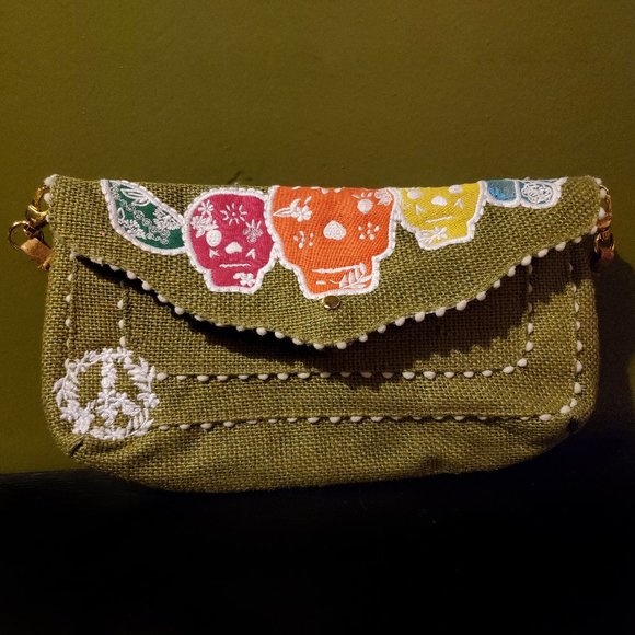 Vintage Olive Green Canvas Day of the Dead Purse by Loop - Picture 1 of 3
